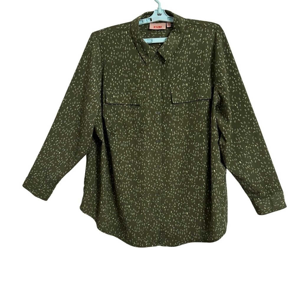 Evri Womens Plus Size 2X Button-Down Shirt Olive Green Abstract Career Capsule - Picture 2 of 8